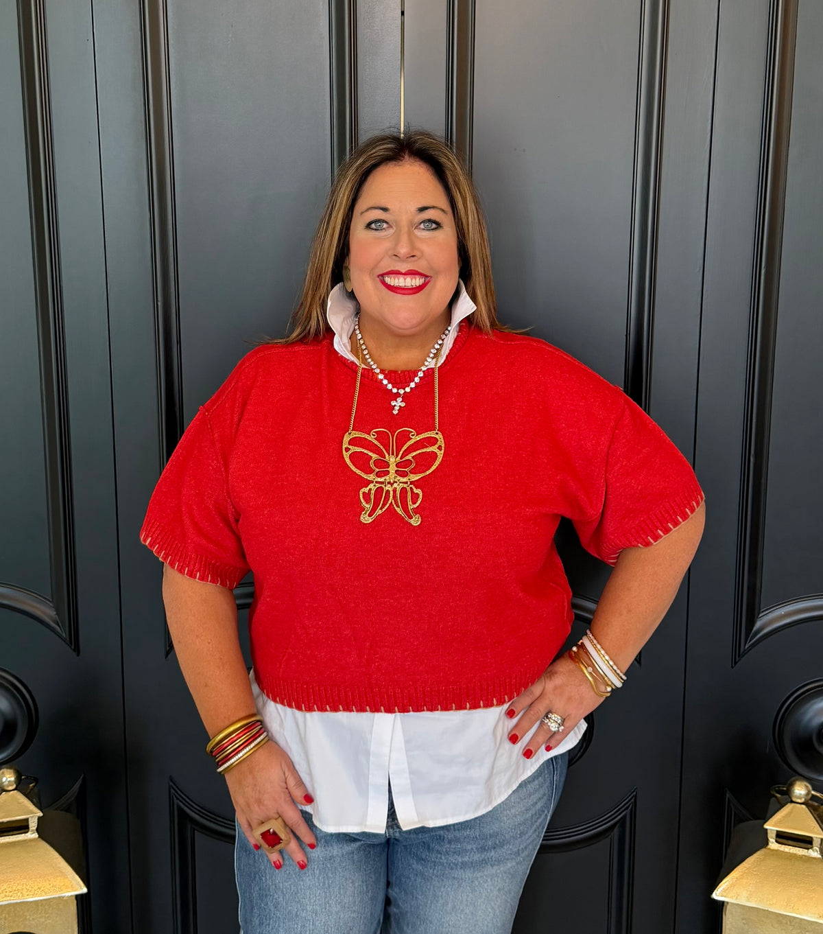 Red SS Sweater w/ Camel Detail Stitch