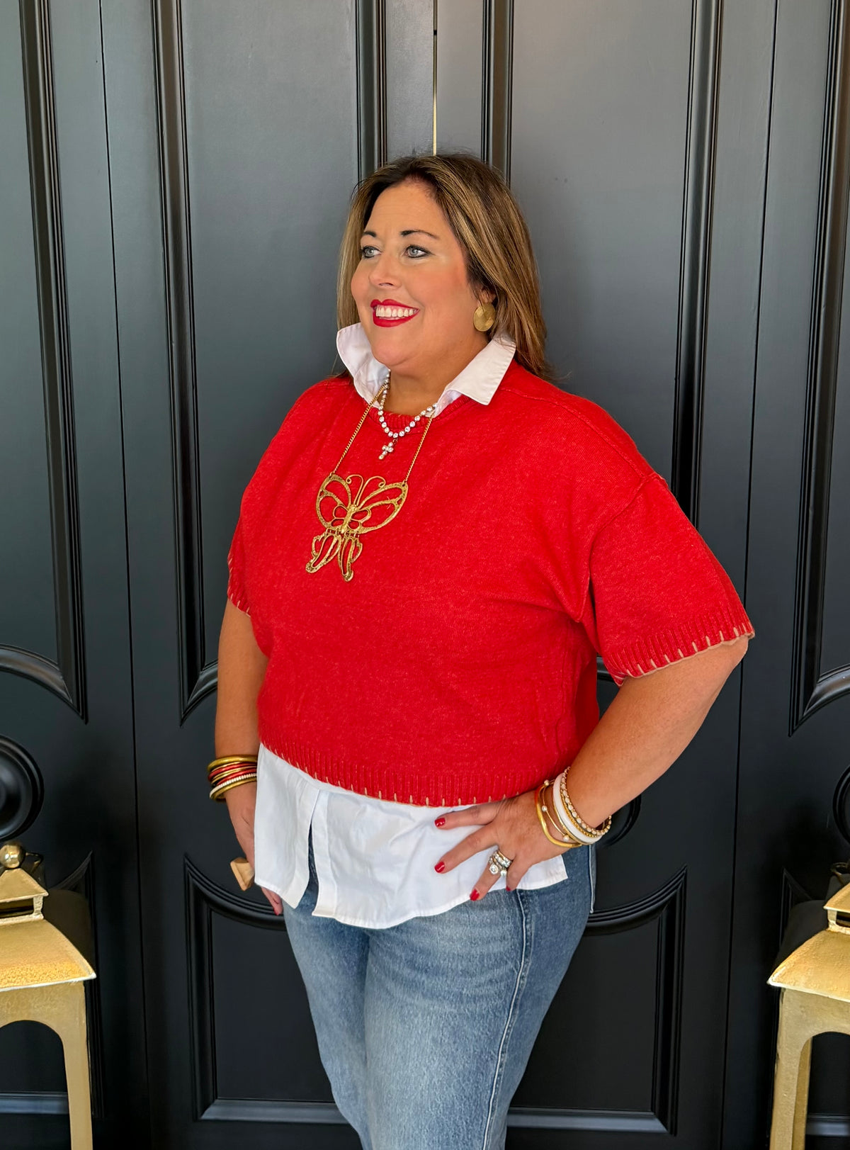 Red SS Sweater w/ Camel Detail Stitch