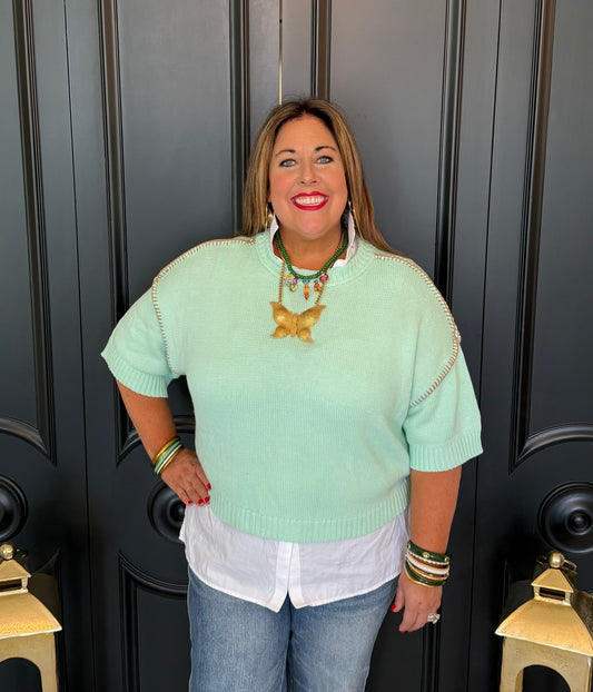 Mint SS Sweater w/ Taupe Stitch Detail