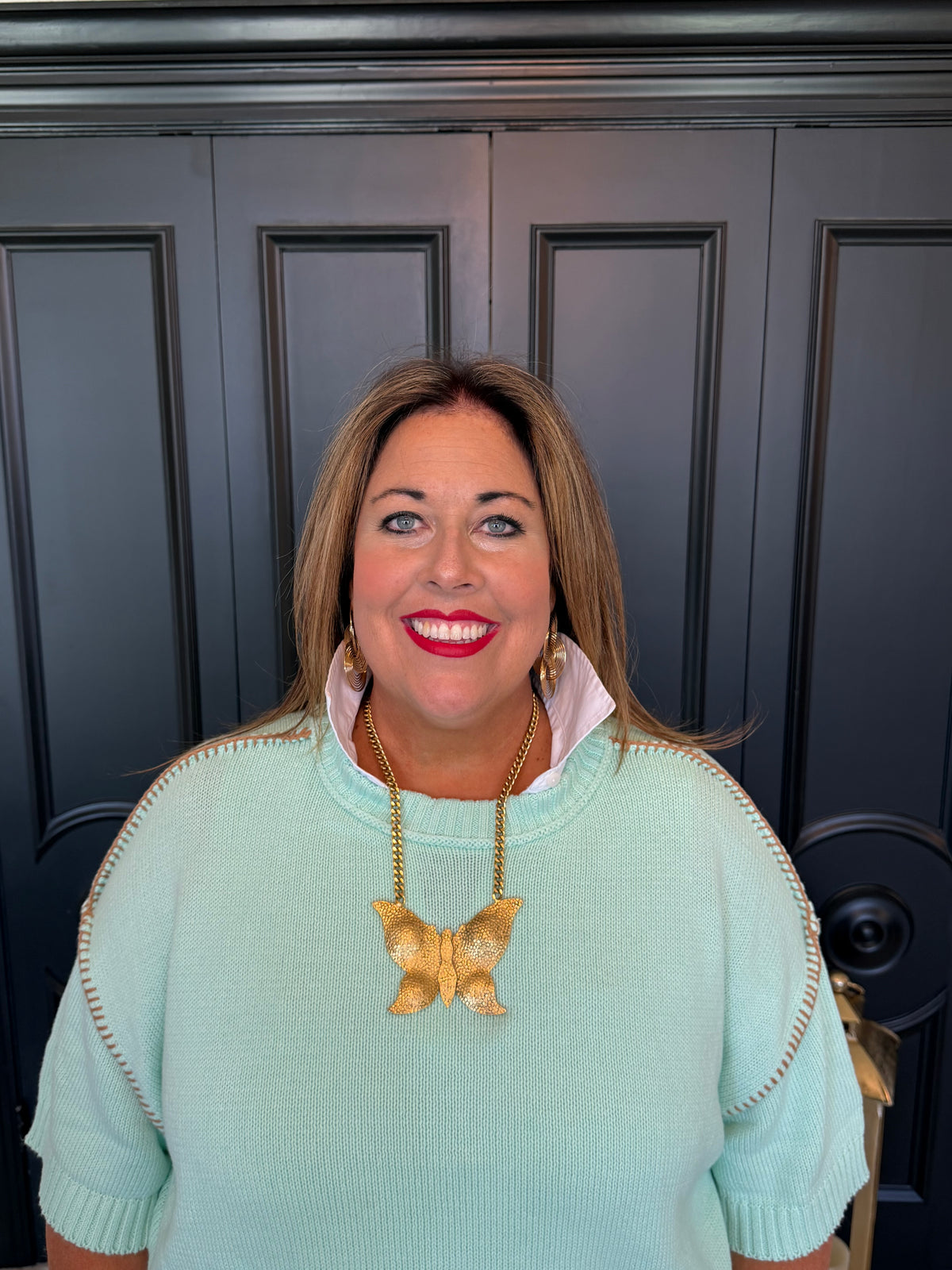 Mint SS Sweater w/ Taupe Stitch Detail