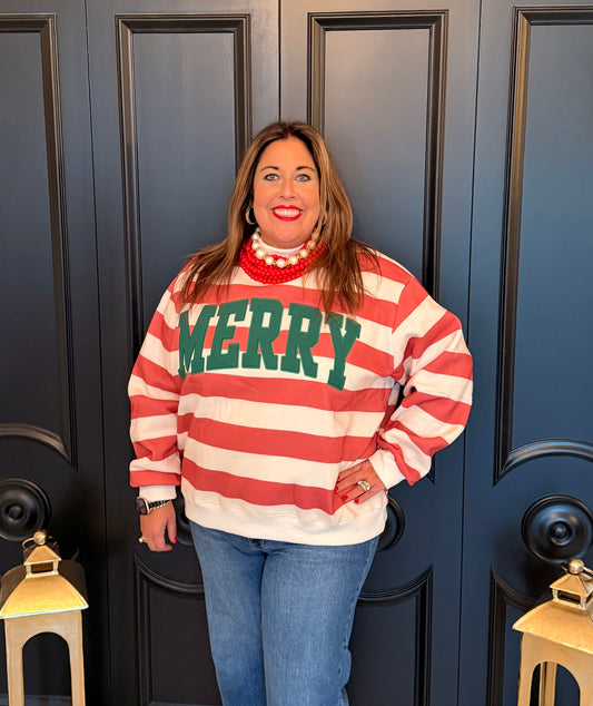 Merry Applique Red Stripe Mock Neck Sweatshirt