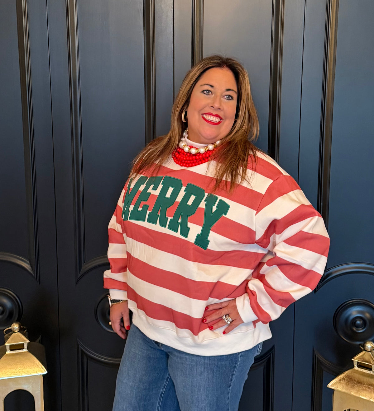 Merry Applique Red Stripe Mock Neck Sweatshirt