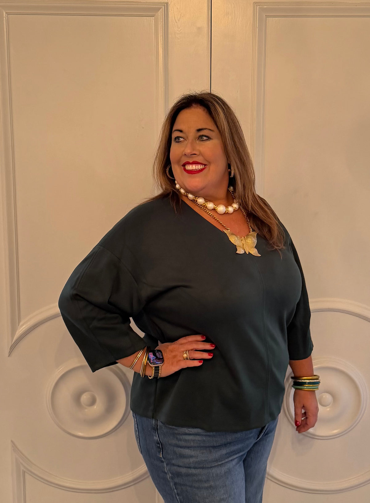 Hunter Green VNeck Scuba 3/4 Sleeve