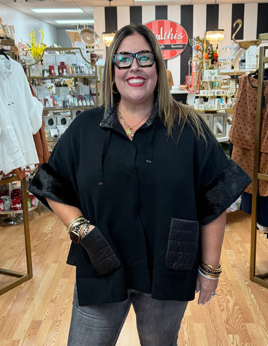 Black Fur Trim Poncho