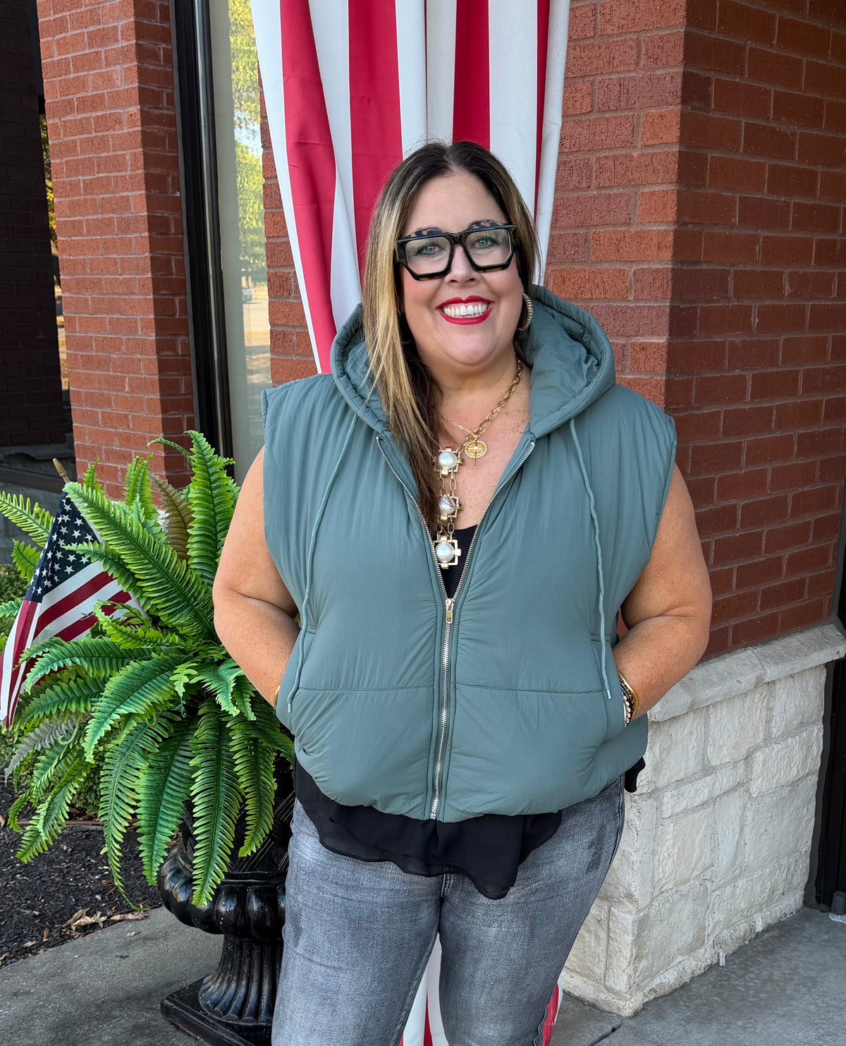 Dusty Jade Puffy Hooded Bubble Vest