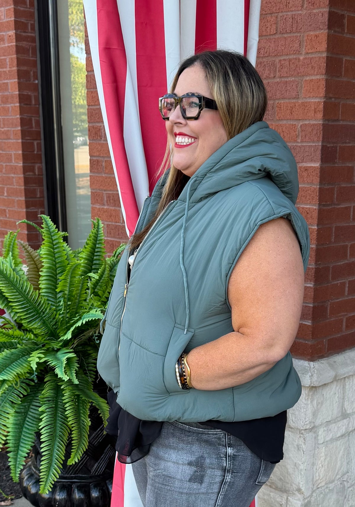 Dusty Jade Puffy Hooded Bubble Vest