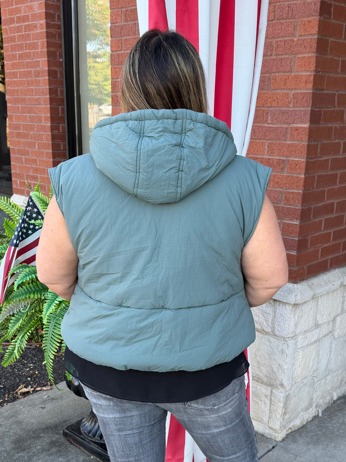 Dusty Jade Puffy Hooded Bubble Vest