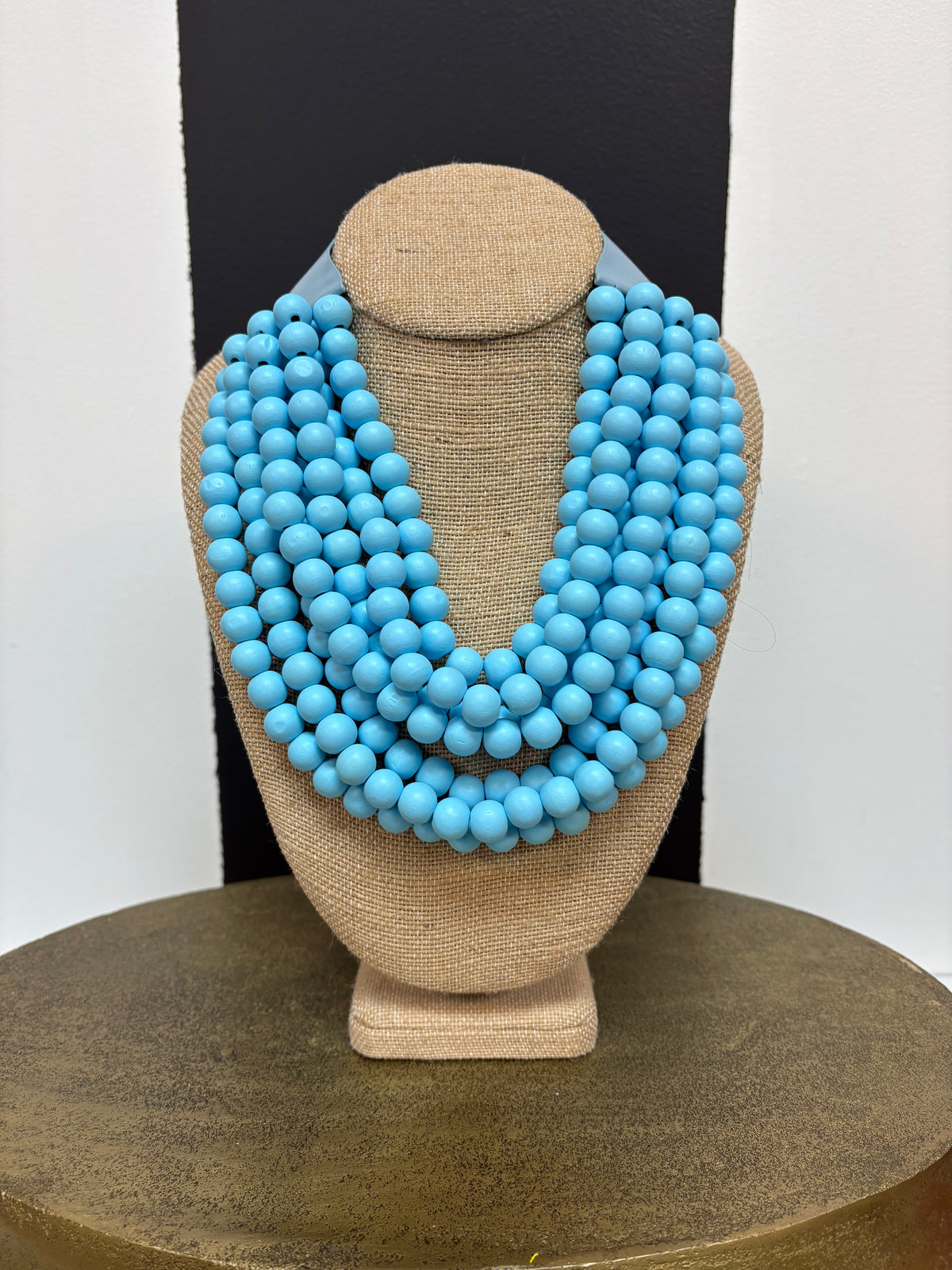 Light Blue Wood Bead Multi Strand Bib Necklace