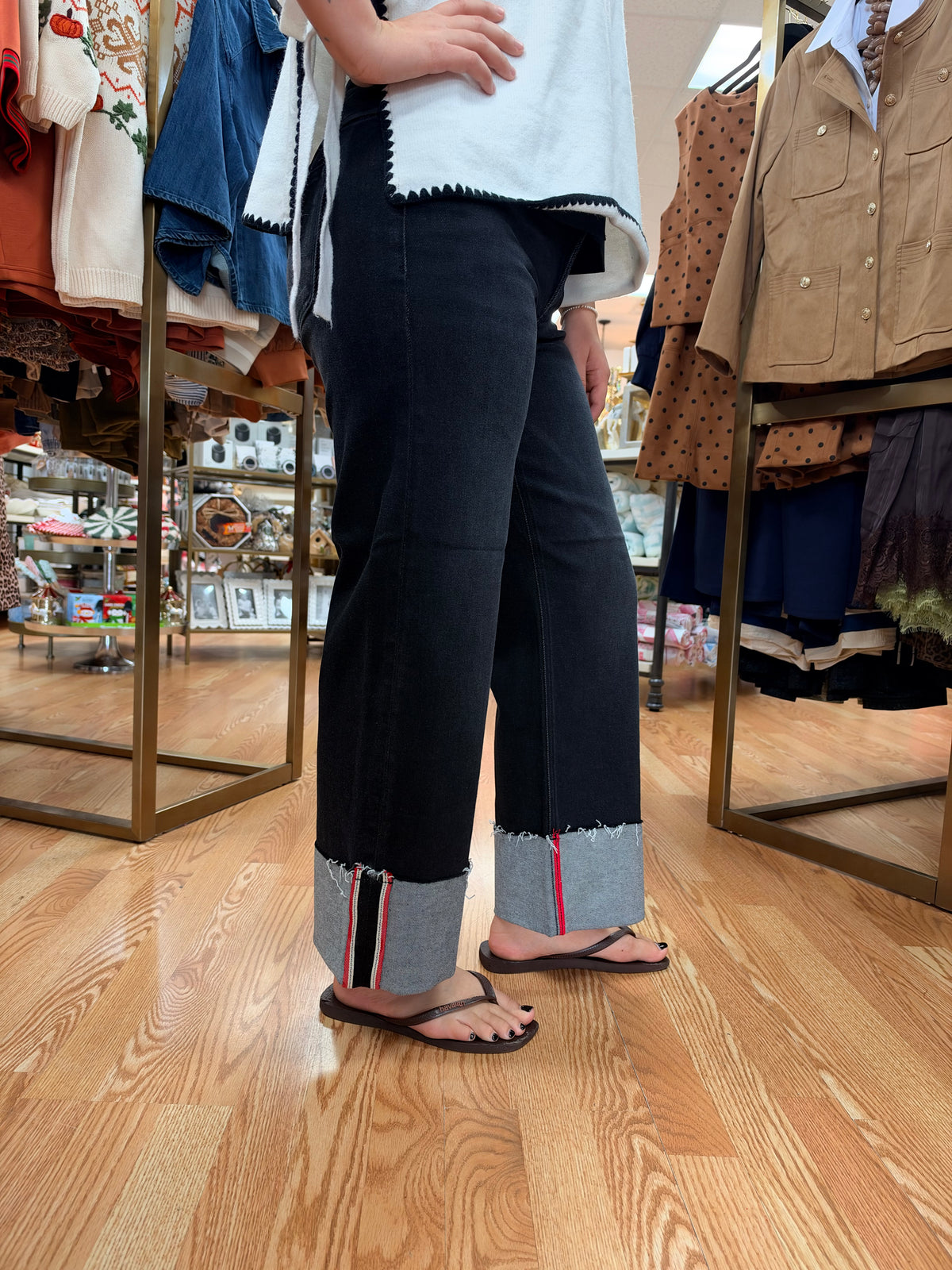 Black Mid Rise Crop Wide Cuffed Jean w/ Red