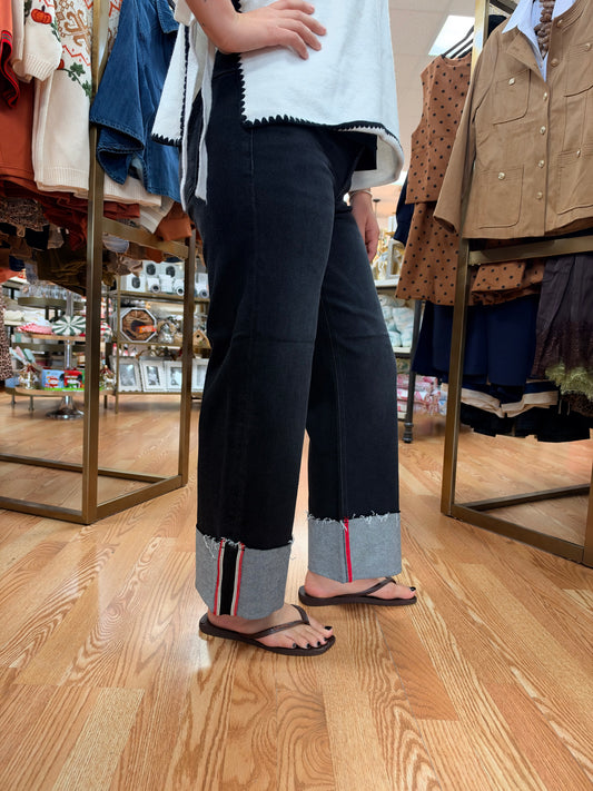 Black Mid Rise Crop Wide Cuffed Jean w/ Red